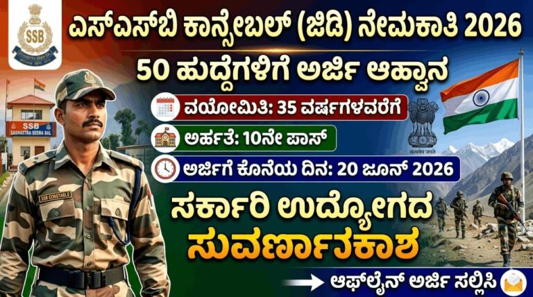 SSB Recruitment 2026 : 50 ಕಾನ್ಸ್ಟೇಬಲ್ (ಜಿಡಿ) ಹುದ್ದೆಗಳಿಗೆ ಅರ್ಜಿ ಆಹ್ವಾನ