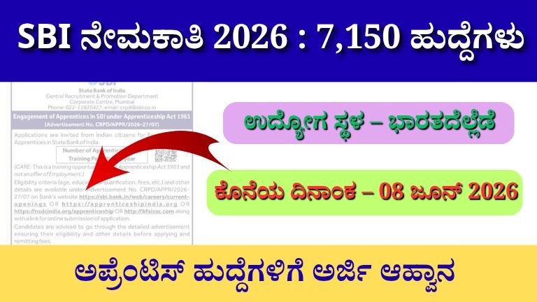 SBI Recruitment 2026: 7,150 ಅಪ್ರೆಂಟಿಸ್ ಹುದ್ದೆಗಳ ಭರ್ಜರಿ ಅವಕಾಶ