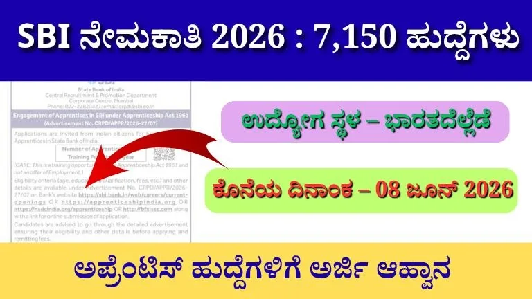 SBI Recruitment 2026: 7,150 ಅಪ್ರೆಂಟಿಸ್ ಹುದ್ದೆಗಳ ಭರ್ಜರಿ ಅವಕಾಶ